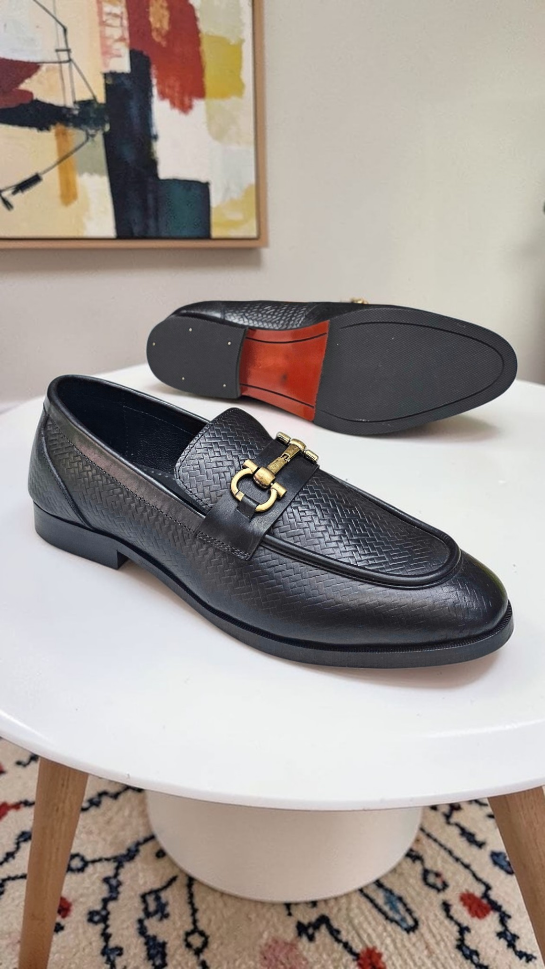Black croc horse bit loafers